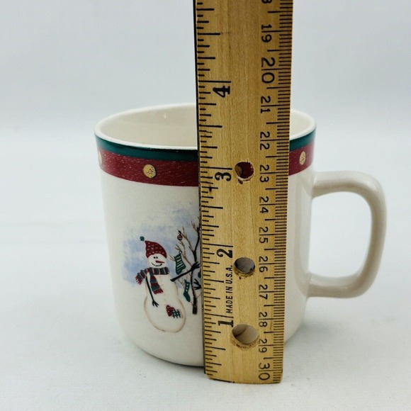 Royal Seasons Snowmen 4 Mug Lot 3.25" Cup Red‎ Band Dots Green Trim Stoneware - Picture 9 of 10